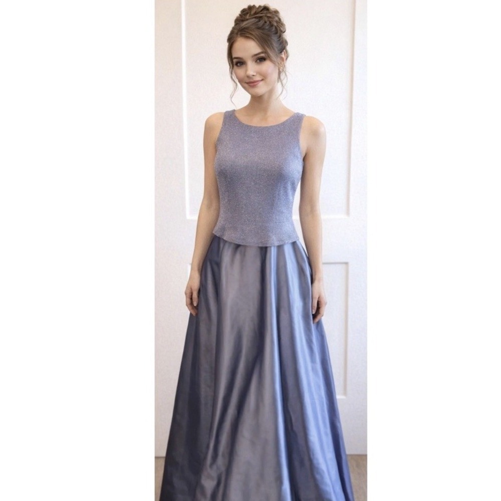 VTG 90s Arianna By Rachel Kaye Periwinkle Blue Metallic Top Maxi Dress Gown Sz 6